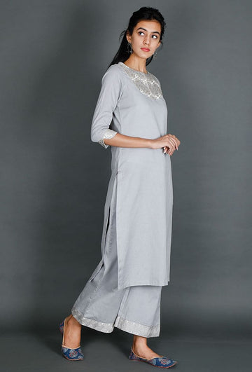 Light Blue Kurta With Kantha Embroidery